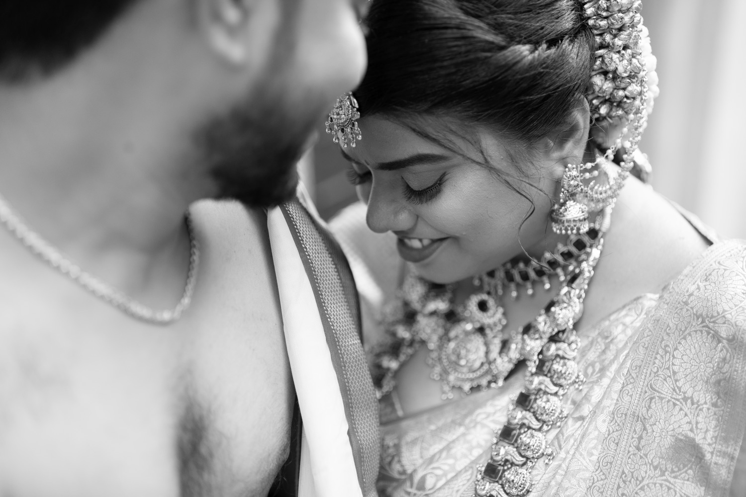 Black and white portrait of a bride and groom